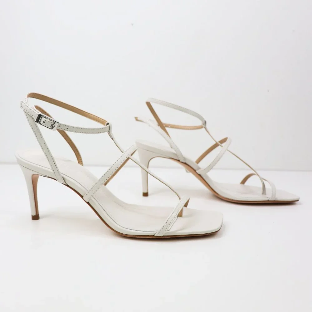 NWT Schutz Ameena Leather T-Strap Sandals Ankle Strap Kitten Heel Pearl Cream 7 - Picture 8 of 9